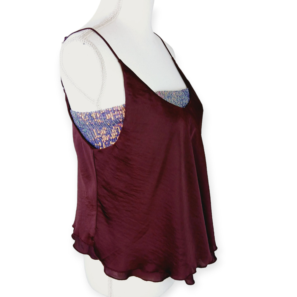 Free People SZ M Turn It On Cami Merlot Sequin Embellished Inset OB1064843 - Picture 2 of 8
